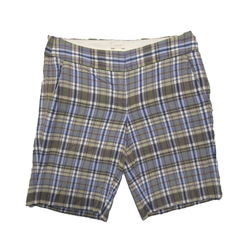 J Crew Bermuda Shorts Womens 0 Chino Pockets Blue Green Plaid Cotton